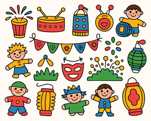 Carnival celebration cartoon doodle vector with children and festival decorations