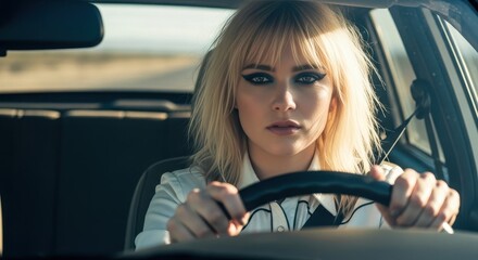 stylish caucasian woman with blonde hair and dramatic makeup drives car, her hands on wheel. intense, confident look on journey at sunset. freedom, road trip concept