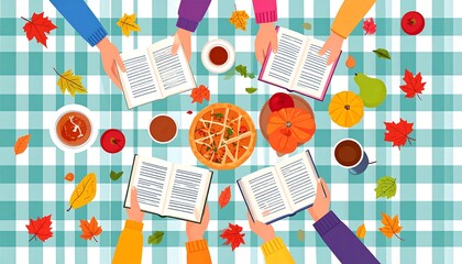 A cozy autumn scene depicts a group reading books around a checkered table filled with fall-themed food and scattered foliage