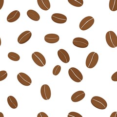 A pattern featuring numerous brown coffee beans scattered on a white backdrop