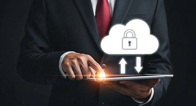 Businessman using tablet for secure cloud data transfer in a modern suit and tie against a dark background showcasing technology and innovation