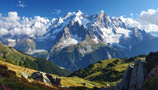 A breathtaking panoramic view of snow-capped mountains under a beautiful blue sky