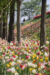Obraz premium A beautiful view of a tulip field in full bloom.