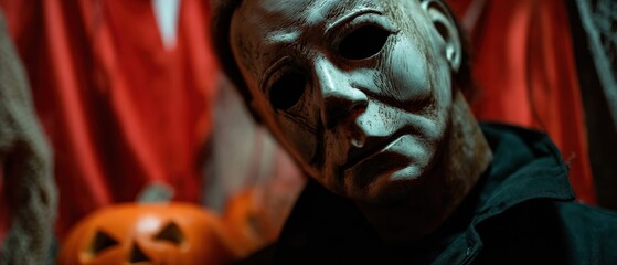 Creepy man wearing Michael Myers mask with pumpkin for Halloween horror concept Closeup portrait of a scary masked man in a dark setting, embodying the spirit of Halloween