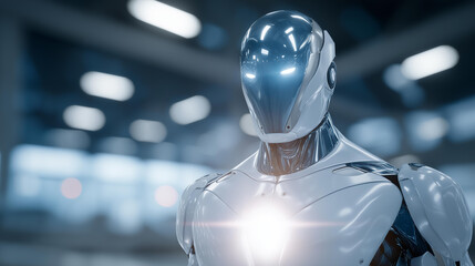 Mechanical humanoid standing under laboratory lights with transparent torso glowing with synthetic creation module, symbolizing artificial generative future and visionary technological exploration.