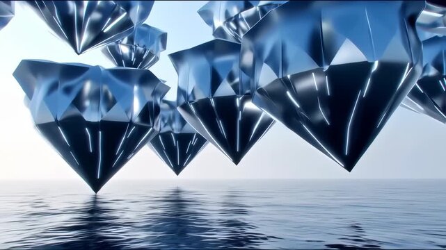 Abstract metallic diamond shapes hovering over a body of water