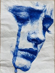 Emotion Art Portrait: Expressive Sadness in Blue Ink Drawing on Tear-Stained Paper with Raw Emotions and Melancholy Beauty Through Abstract Human Form and Overlapping Textures in Mixed Media Art