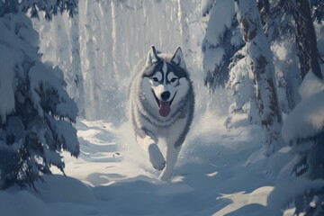 Energetic husky running through snowy winter forest scene