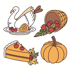 A charming collection of thanksgiving holiday icons including a roasted turkey a cornucopia overflowing with fruit a slice of pie and a pumpkin
