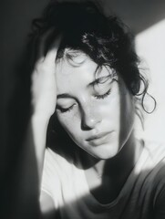 Capturing Introspective Beauty: Emotion and Shadow Play in a Monochrome Portrait with Soft Light and Serene Expression