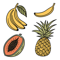 A vibrant and colorful illustration featuring a bunch of bananas a single banana a sliced papaya and a whole pineapple on a white background