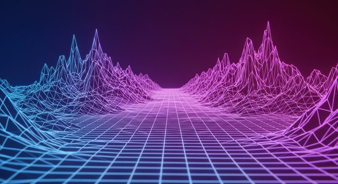 Retro futuristic landscape with neon grid and mountains in blue and purple tones