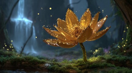 Golden Lotus Flower In Magical Forest Scene