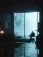 Ethereal Interior with Stormy Sea View: Moody Minimalist Living Room with Large Windows and Serene Solitude