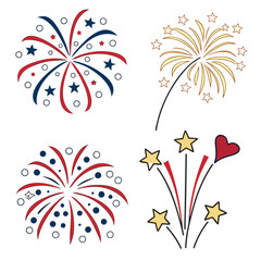 Collection of festive fireworks illustrations in red white and blue with gold stars and a heart