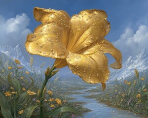 Golden Lily Flower With Water Drops In Meadow Landscape