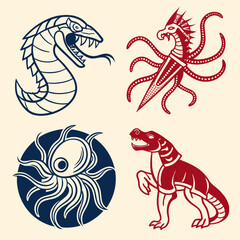 Collection of four stylized mythical creatures including a serpent dragon and kraken in red and blue on a cream background