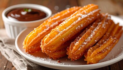 Crispy, golden fried dough pastries dusted with sugar and a chocolate dip