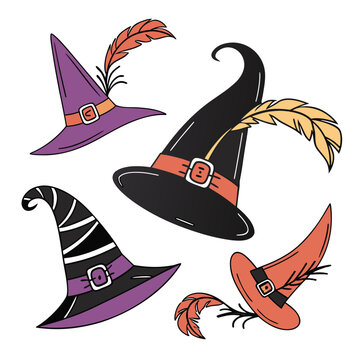 Collection of four whimsical and colorful witch hats with feathers and buckles perfect for halloween celebrations