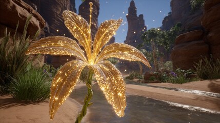 Glowing Golden Flower In Desert Landscape