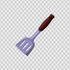 Slotted spatula utensil with a brown handle great for kitchen or cooking related designs, food blogs, restaurant menus.