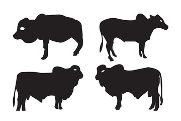 The image shows silhouettes of four different animals, all resembling variations of a cow or buffalo. The animals are in distinct poses, showcasing their profiles.