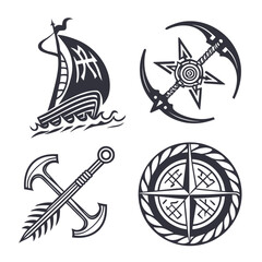 Collection of stylized nautical symbols including a viking ship a compass rose crossed anchors and a star shaped navigational tool © Stock