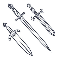 Collection of three distinct medieval swords with detailed handles and blades in a clean outline drawing style on white background