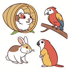 Cute cartoon illustration of a fluffy guinea pig in a wooden tunnel a colorful parrot on a branch and a small rabbit next to another parrot