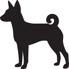 Silhouette of a basenji dog breed standing alert with curled tail a simple graphic representation