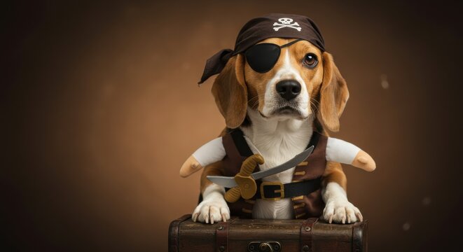 Funny beagle dog dressed as a pirate with a sword, eye patch and treasure chest