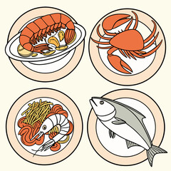 Four round plates each featuring a different seafood dish including a large prawn a whole crab shrimp with pasta and a whole fish