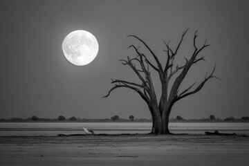 Gray Scale Desert Landscape Under Full Moon