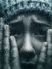 Despair and Emotion Through a Rain-Soaked Window: An Intimate Portrait Capturing Vulnerability and Yearning in a Blurred, Reflective Ambiance