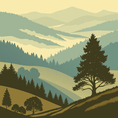 Serene rolling hills and distant misty mountains under a soft hazy sky with silhouetted evergreen trees and a large oak