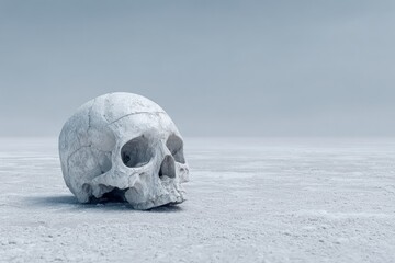 3D Rendered White Skull on a Light Gray Desert Landscape