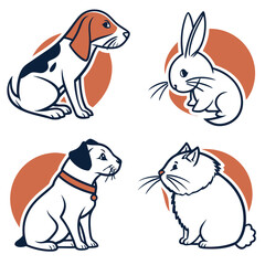 Set of four cute cartoon animal icons featuring a beagle dog a rabbit a terrier dog and a fluffy cat with orange circular backgrounds