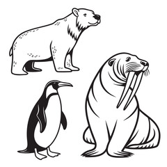 Stylized black and white line art illustration of a polar bear a penguin and a walrus on a white background