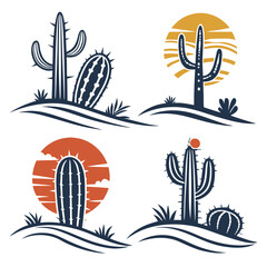 Stylized desert landscape collection featuring various cacti under sunsets and skies
