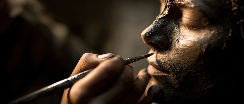 Closeup of adult face being painted with brush for special effects makeup Concept of artistry, transformation, and creative expression