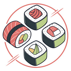 Stylized isometric illustration of four delicious sushi rolls arranged in a circle with chopsticks and a red border