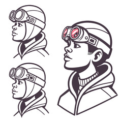 Stylized line art portraits of diverse individuals wearing aviator goggles and helmets looking upward