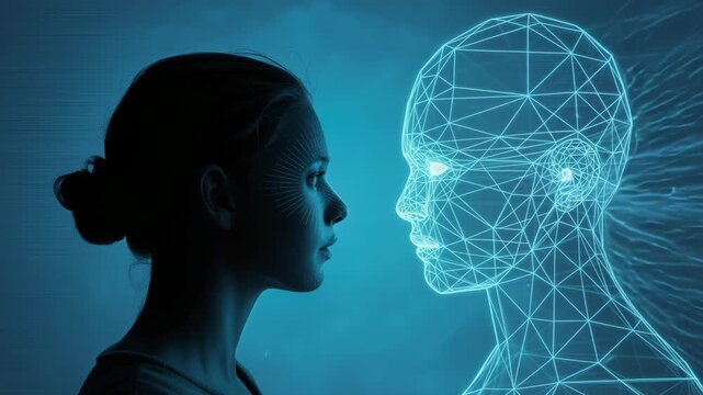 Digital Reflection: A woman gazes thoughtfully at a holographic representation of herself, symbolizing the intersection of human and technology. A visual narrative of identity in the digital age.