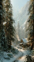 Snowy Forest Path With Cabin In Winter Landscape