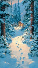 Snowy Winter Path To Cabin In Forest