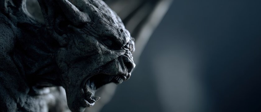 Stone gargoyle statue with open mouth and sharp teeth in dramatic lighting Concept of gothic architecture, medieval sculpture, and dark fantasy