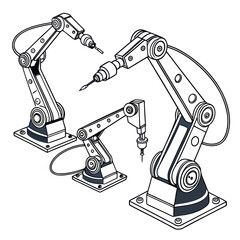 Three industrial robotic arms with articulated joints and pointed tools are depicted in a clean line art illustration on a white background