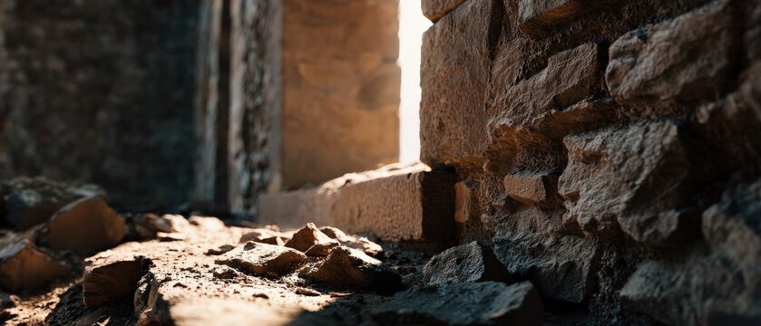 Ancient stone ruins with sunlight streaming through opening, showcasing weathered textures and architectural detail Concept of history, archaeology, and exploration