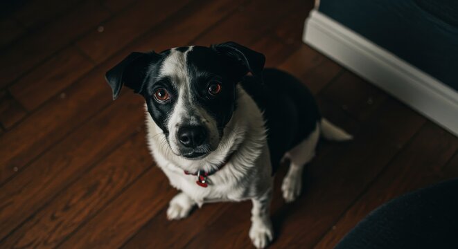 Adorable black and white dog sitting on the floor looking up at the camera