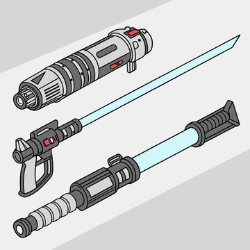Three futuristic energy swords with glowing blue blades and detailed metallic hilts displayed on a light gray background